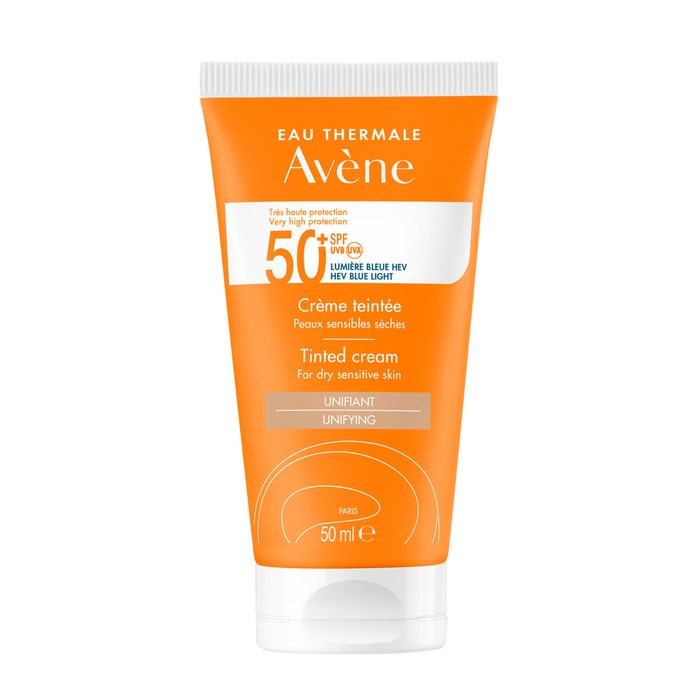 Avène Tinted Sun Cream SPF 50+ tube alongside mini after-sun repair gel cream