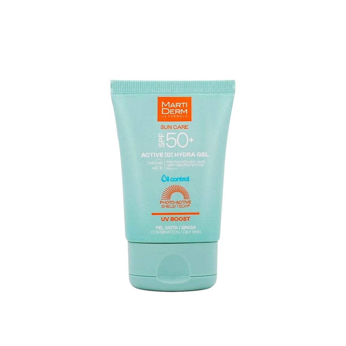 Martiderm Sun Care SPF 50+ Active D Hydra Gel sunscreen tube for oily skin