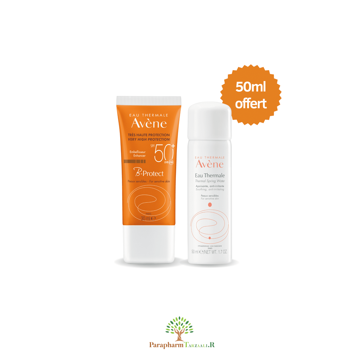 Avène B-Protect SPF 50+ tinted sunscreen tube with mini Thermal Spring Water spray