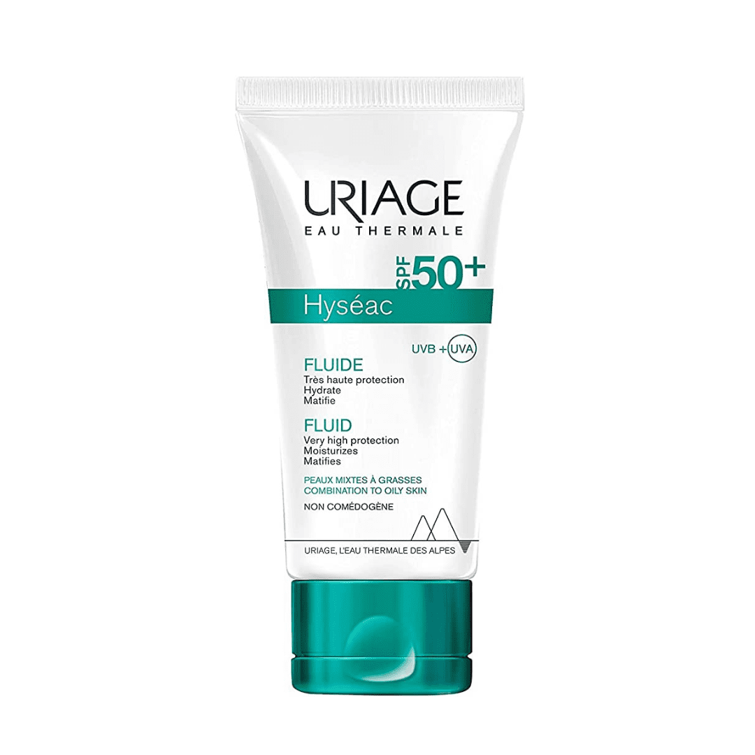 Uriage Hyséac Fluide Solaire SPF 50+ oil-free sunscreen tube for oily skin