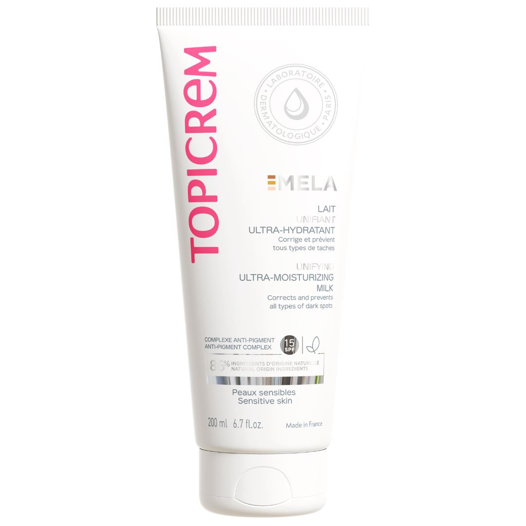 Topicrem Mela Lait Eclaircissant body milk bottle for dark spots