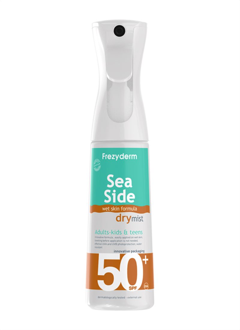 Frezyderm Seaside Wet Skin Formula Drymist SPF 50+ spray for adults kids and teens
