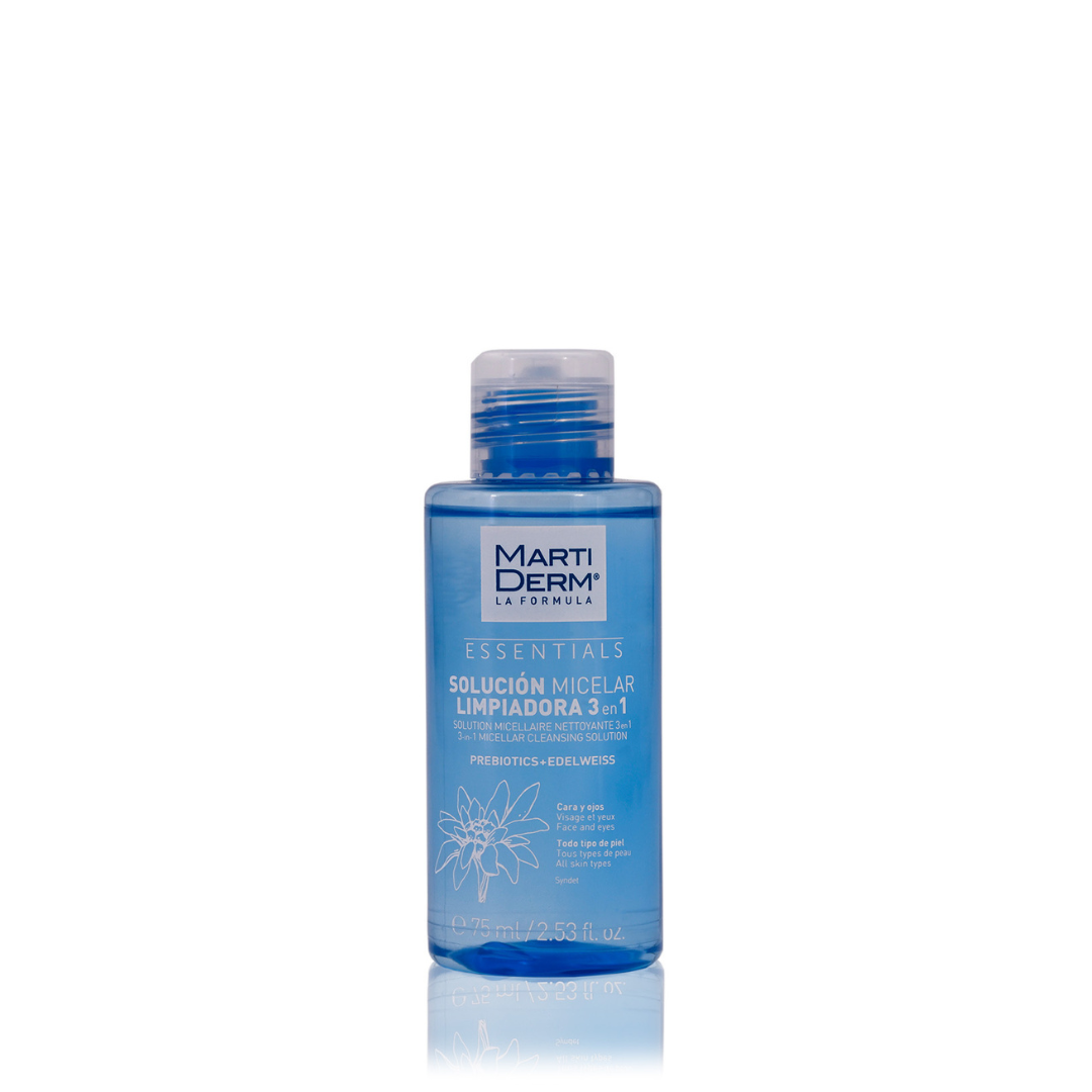 Martiderm Essentials 3-in-1 Micellar Cleansing Solution bottle for makeup removal