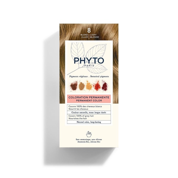 Phyto Color 8 Blond Clair permanent hair dye box for 100% grey coverage