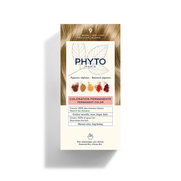 Phyto Color 9 Blond Très Clair / Very Light Blonde permanent hair dye box for 100% grey coverage