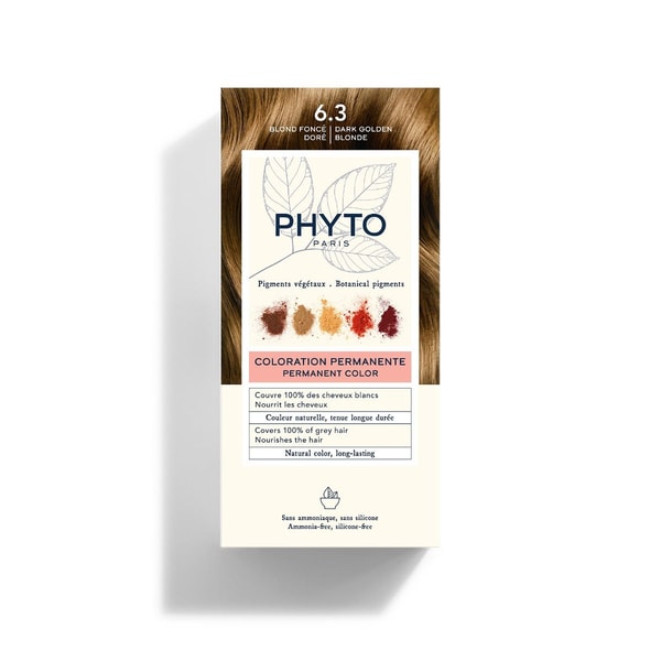 Phyto Color 6.3 Dark Golden permanent hair dye box for 100% grey coverage