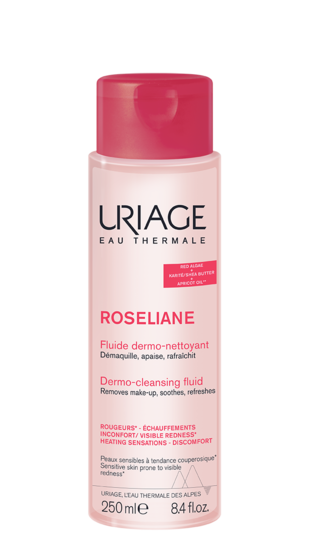 Uriage Roséliane Fluide Dermo-Nettoyant bottle for sensitive redness-prone skin