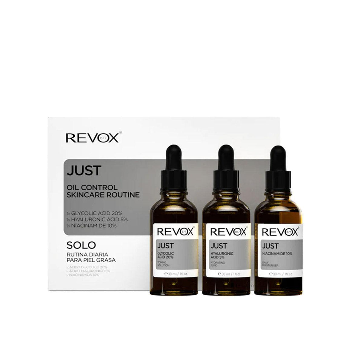 Revox Just Oil Control Skincare Routine kit box for oily acne skin