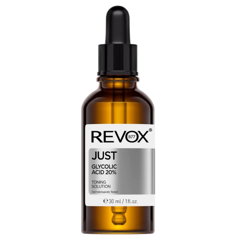 Revox Just Glycolic Acid 20% Toning Solution dropper bottle for skin resurfacing