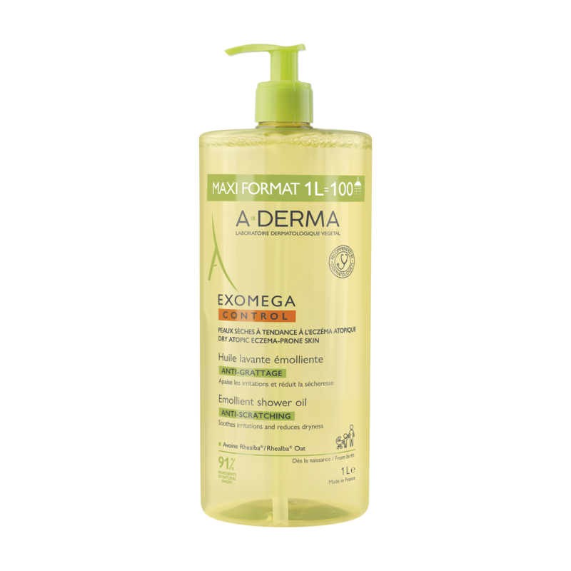 A-Derma Exomega Control Emollient Cleansing Oil 1000ml pump bottle for dry atopic skin