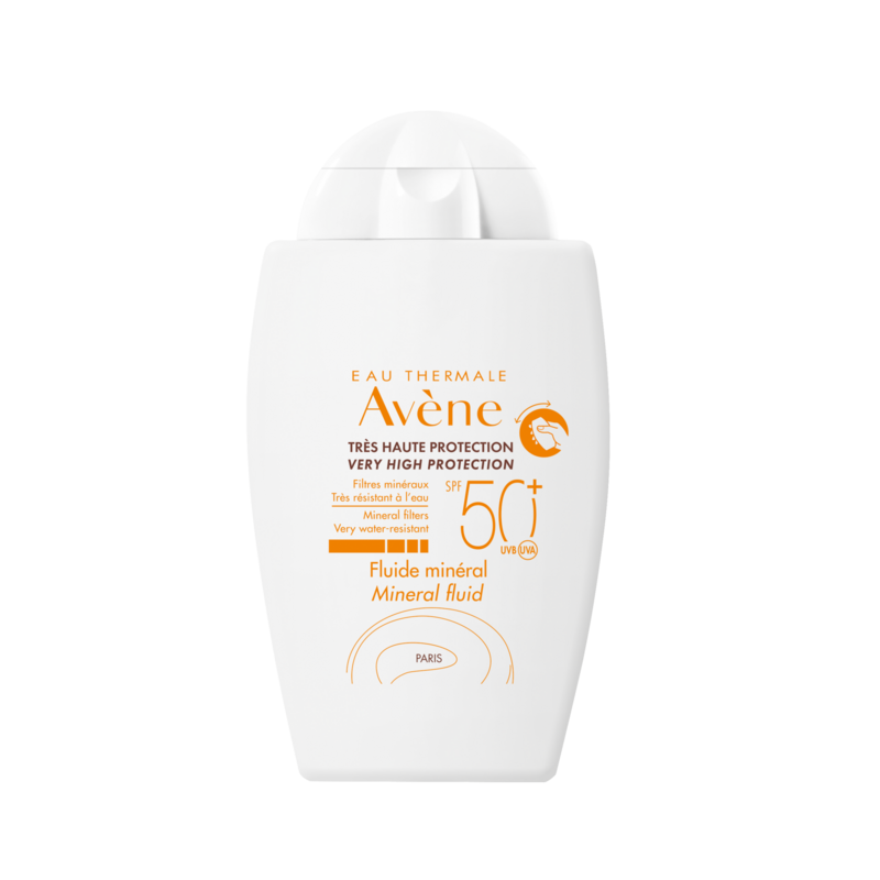 Avène 100% Mineral Sun Fluid SPF 50+ fragrance-free sunscreen tube for sensitive skin
